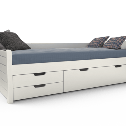 SEO. Einzelbett 90x200cm Bio-Kiefer Massivholz mit 3 Schubladen als Gästebett - Schneeweiss Linkreich