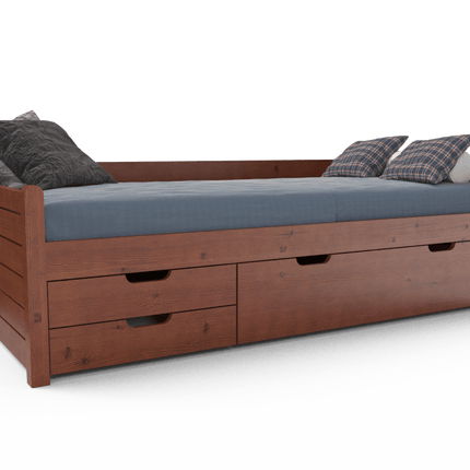 SEO. Einzelbett 90x200cm Bio-Kiefer Massivholz mit 3 Schubladen als Gästebett - Kolonial Linkreich