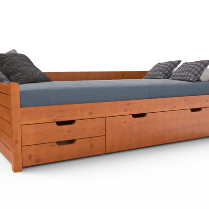 SEO. Einzelbett 90x200cm Bio-Kiefer Massivholz mit 3 Schubladen als Gästebett - Kirsch Linkreich