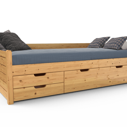 SEO. Einzelbett 90x200cm Bio-Kiefer Massivholz mit 3 Schubladen als Gästebett - Natur Linkreich