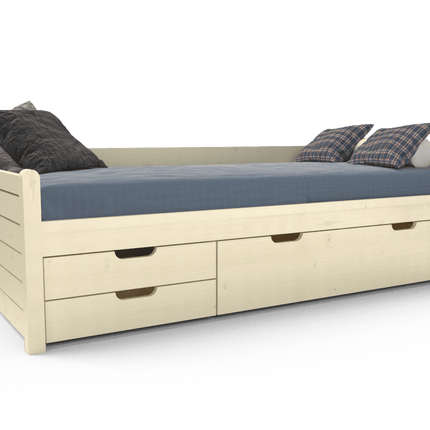 SEO. Einzelbett 90x200cm Bio-Kiefer Massivholz mit 3 Schubladen als Gästebett - Weiss Linkreich