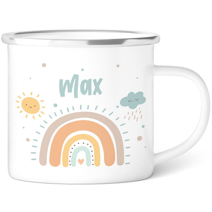 SEO. Emaille Tasse für Kinder - Personalisiert mit Namen & 8 liebevollen Motiven - Regenbogen Pastell Blau Linkreich