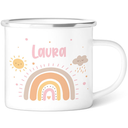 SEO. Emaille Tasse für Kinder - Personalisiert mit Namen & 8 liebevollen Motiven - Regenbogen Pastell Rosa Linkreich