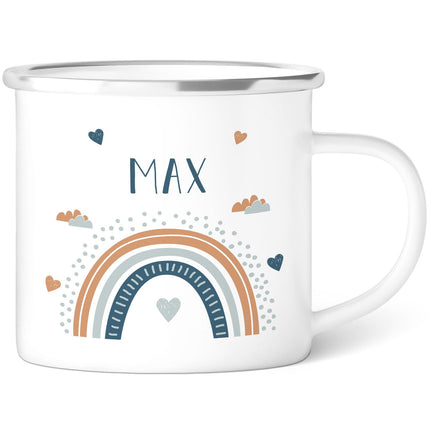 SEO. Emaille Tasse für Kinder - Personalisiert mit Namen & 8 liebevollen Motiven - Regenbogen Blau Linkreich