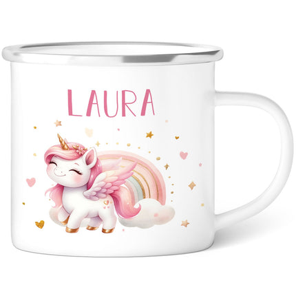SEO. Emaille Tasse für Kinder - Personalisiert mit Namen & 8 liebevollen Motiven - Einhorn Linkreich