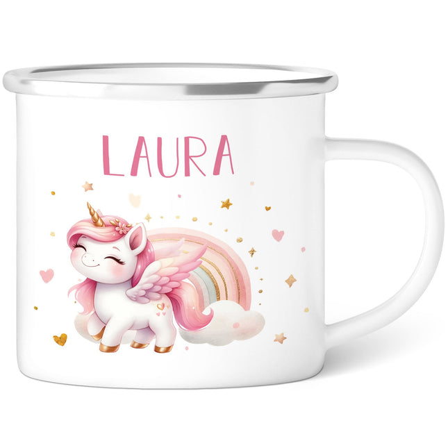 SEO. Emaille Tasse für Kinder - Personalisiert mit Namen & 8 liebevollen Motiven - Einhorn Linkreich