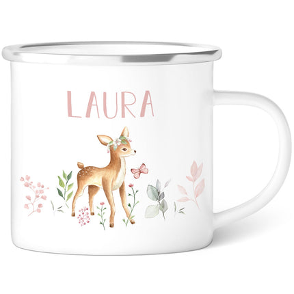 SEO. Emaille Tasse für Kinder - Personalisiert mit Namen & 8 liebevollen Motiven - Reh Linkreich