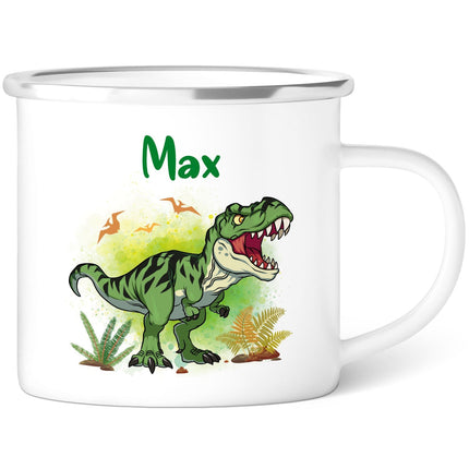 SEO. Emaille Tasse für Kinder - Personalisiert mit Namen & 8 liebevollen Motiven - T - Rex Linkreich