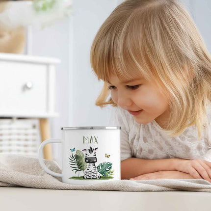 SEO. Emaille Tasse für Kinder - Personalisiert mit Namen - Tiergruppe Safari - Linkreich