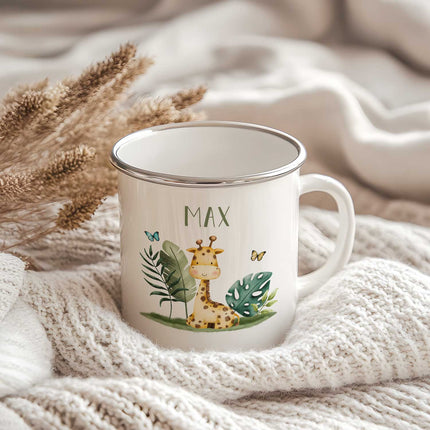 SEO. Emaille Tasse für Kinder - Personalisiert mit Namen - Tiergruppe Safari - Linkreich