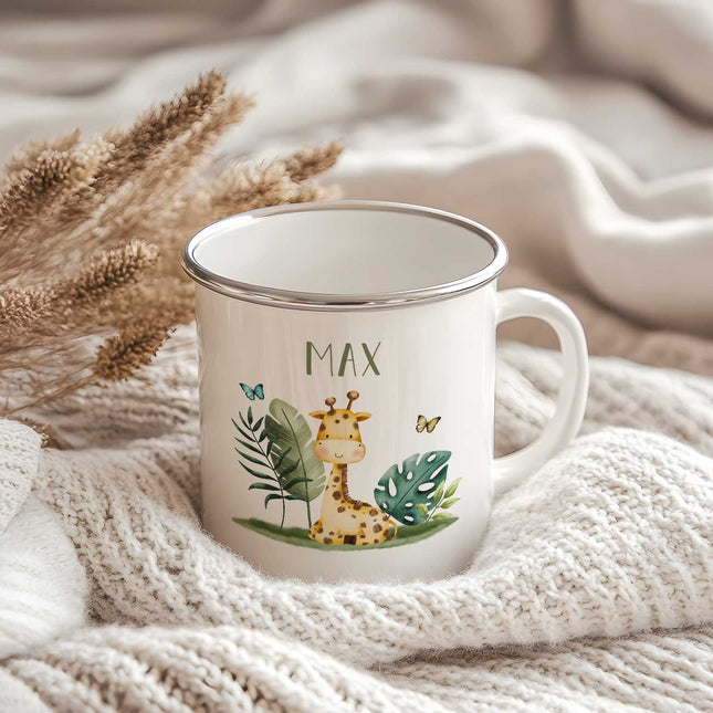 SEO. Emaille Tasse für Kinder - Personalisiert mit Namen - Tiergruppe Safari - Linkreich