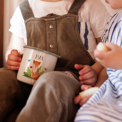 SEO. Emaille Tasse für Kinder - Personalisiert mit Namen - Tiergruppe Waldtiere - Linkreich