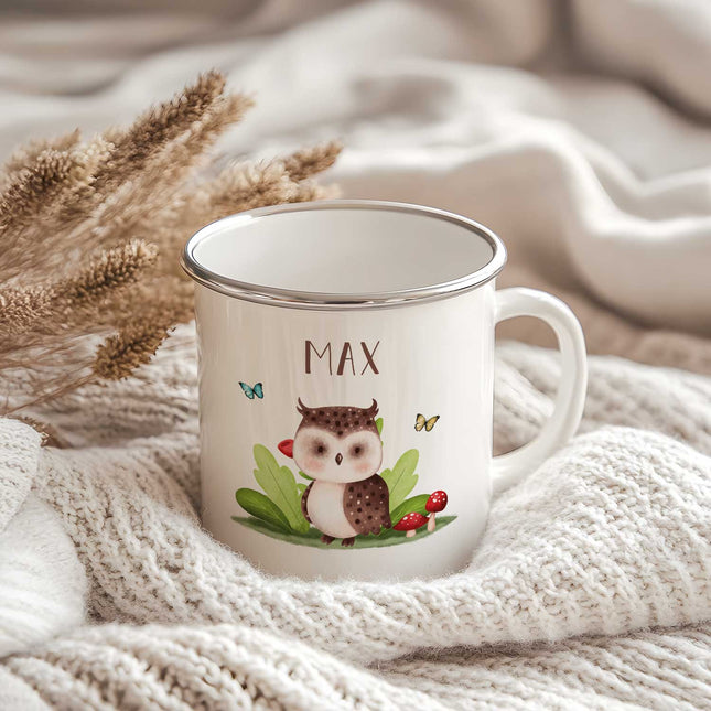 SEO. Emaille Tasse für Kinder - Personalisiert mit Namen - Tiergruppe Waldtiere - Linkreich