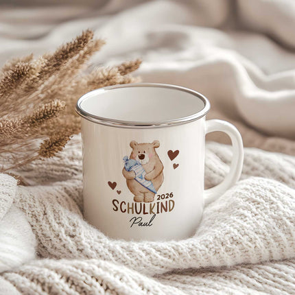 SEO. Emaille Tasse für Kinder - Schulbär - Personalisiert mit Namen - Blau Linkreich