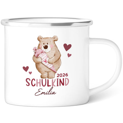 SEO. Emaille Tasse für Kinder - Schulbär - Personalisiert mit Namen - Rosa Linkreich