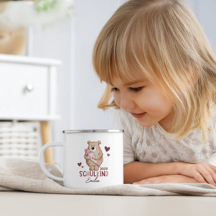 SEO. Emaille Tasse für Kinder - Schulbär - Personalisiert mit Namen - Rosa Linkreich