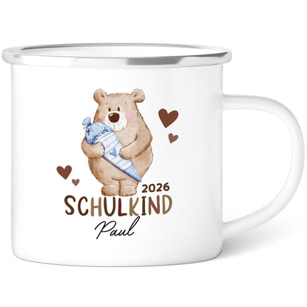 SEO. Emaille Tasse für Kinder - Schulbär - Personalisiert mit Namen - Blau Linkreich