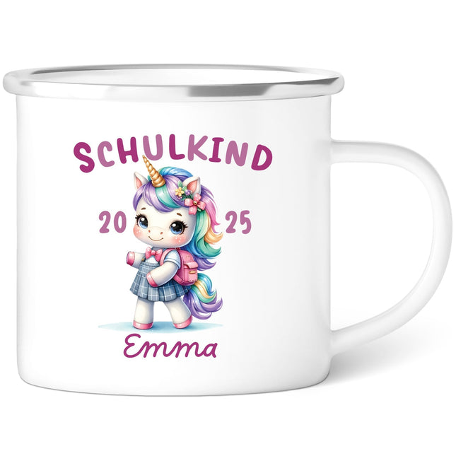 SEO. Emaille Tasse für Kinder - Schulkind - Personalisiert mit Namen & liebevollen Motiven - Einhorn Linkreich