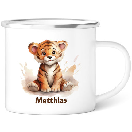 SEO. Emaille Tasse für Kinder - Tiere - Personalisiert mit Namen - Tiger Linkreich