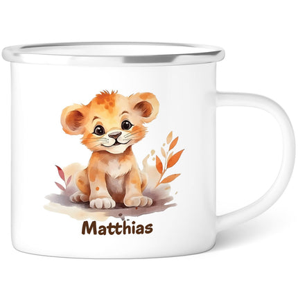 SEO. Emaille Tasse für Kinder - Tiere - Personalisiert mit Namen - Löwe Linkreich