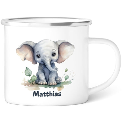 SEO. Emaille Tasse für Kinder - Tiere - Personalisiert mit Namen - Elefant Linkreich