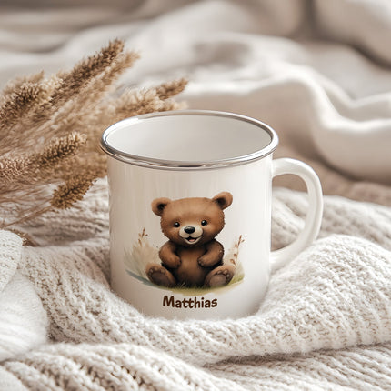 SEO. Emaille Tasse für Kinder - Tiere - Personalisiert mit Namen - Bär Linkreich