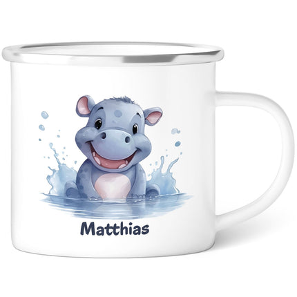 SEO. Emaille Tasse für Kinder - Tiere - Personalisiert mit Namen - Nilpferd Linkreich