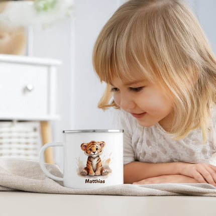 SEO. Emaille Tasse für Kinder - Tiere - Personalisiert mit Namen - Tiger Linkreich