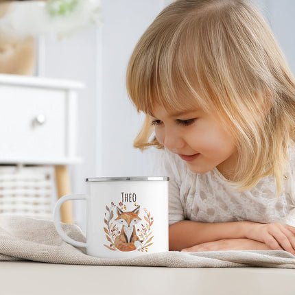 SEO. Emaille Tasse für Kinder - Waldtiere - Personalisiert mit Namen - Waschbär Linkreich