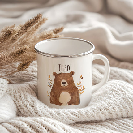 SEO. Emaille Tasse für Kinder - Waldtiere - Personalisiert mit Namen - Bär Linkreich