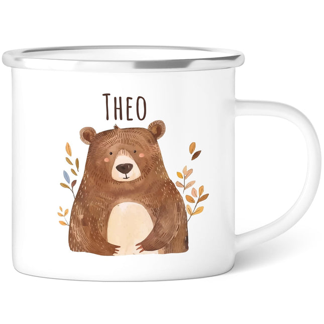 SEO. Emaille Tasse für Kinder - Waldtiere - Personalisiert mit Namen - Bär Linkreich