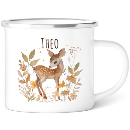 SEO. Emaille Tasse für Kinder - Waldtiere - Personalisiert mit Namen - Reh Linkreich