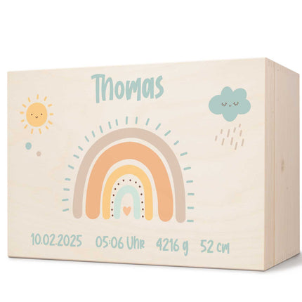 SEO. Erinnerungskiste für Kinder mit UV - Druck im Regenbogen Design - Pastell Blau Linkreich