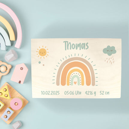 SEO. Erinnerungskiste für Kinder mit UV - Druck im Regenbogen Design - Pastell Blau Linkreich