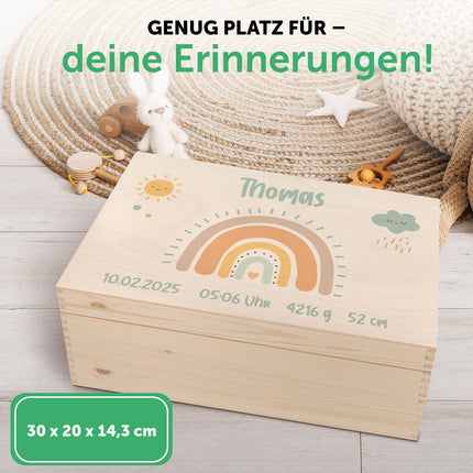 SEO. Erinnerungskiste für Kinder mit UV - Druck im Regenbogen Design - Pastell Blau Linkreich