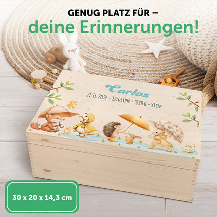 SEO. Erinnerungskiste für Kinder mit UV - Druck - Tiere im Regen - Linkreich