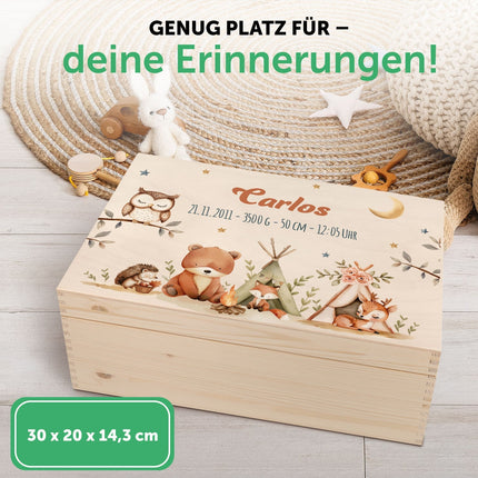 SEO. Erinnerungskiste für Kinder mit UV - Druck - Tiere zelten - Linkreich