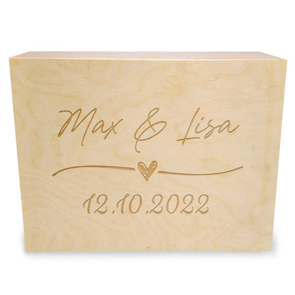 SEO. Erinnerungskiste mit Gravur im Wedding Love Design - zur Hochzeit als Andenken - Kleine Holzkiste Linkreich
