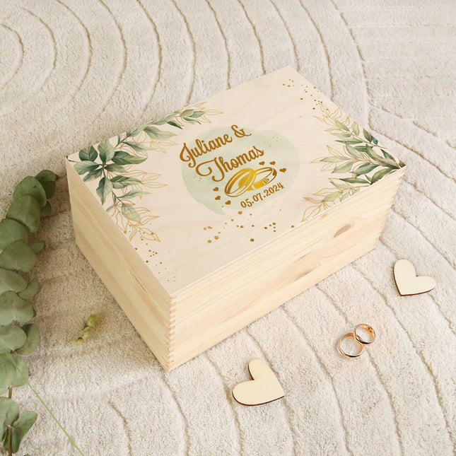 SEO. Erinnerungskiste mit UV - Druck im Golden Wedding Design - Personalisiertes Geschenk zur Hochzeit - Linkreich