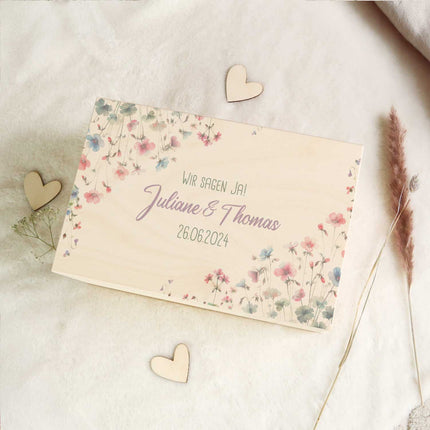 SEO. Erinnerungskiste mit UV - Druck im Pastell Flowers Design - Personalisiertes Geschenk zur Hochzeit - Linkreich