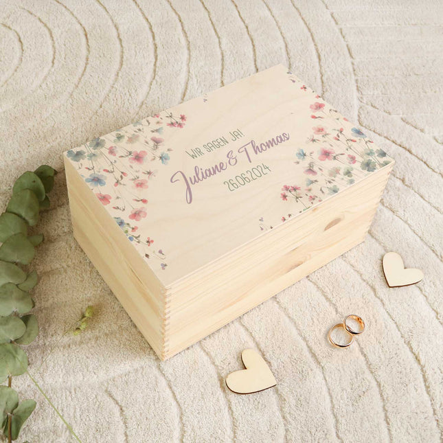 SEO. Erinnerungskiste mit UV - Druck im Pastell Flowers Design - Personalisiertes Geschenk zur Hochzeit - Linkreich