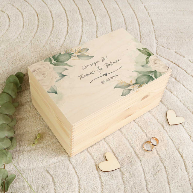 SEO. Erinnerungskiste mit UV - Druck im Wedding Love Design - Personalisiertes Geschenk zur Hochzeit - Linkreich