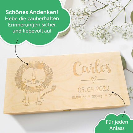 SEO. Erinnerungskiste mit verschiendenen Gravuren für das Baby - Löwe Linkreich