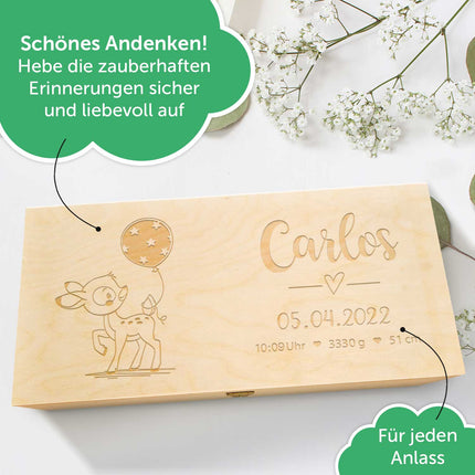 SEO. Erinnerungskiste mit verschiendenen Gravuren für das Baby - Reh Linkreich