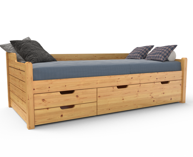 Einzelbett 90x200cm Bio-Kiefer Massivholz mit 3 Schubladen als Gästebett