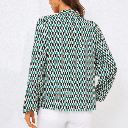 Geo Print Side Tie Blouse Top In Green