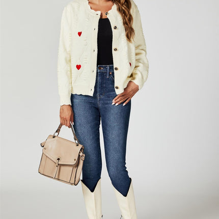 Heart Embroidered Knitted Cardigan In Cream
