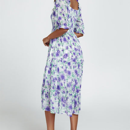 Floral Print Bardot Puff Sleeve Elasticated Detail Midi Dress In White