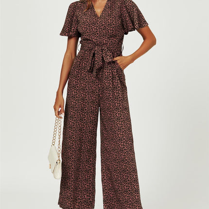 Leopard Print Wrap Top Jumpsuit In Rusty