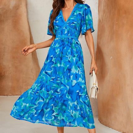 Abstract Floral Print Lace Detail Angel Sleeve Maxi Dress In Blue